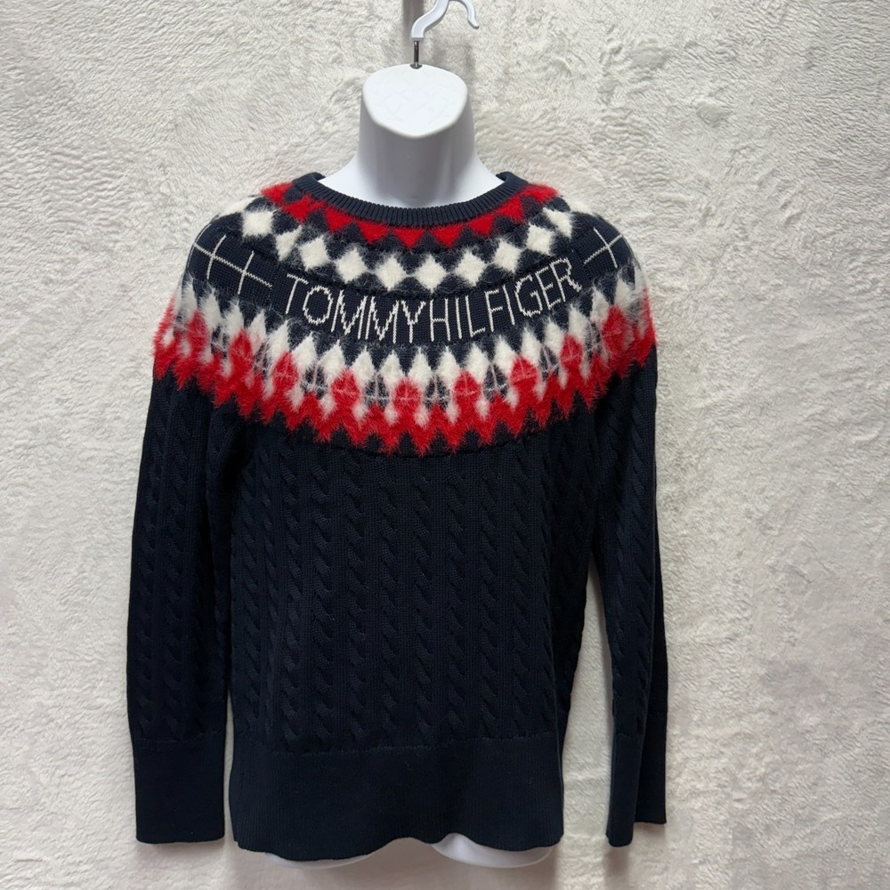 Tommy Hilfiger Cable Knit Sweater Women Medium Blue Red Fair Isle Eyelash Preppy